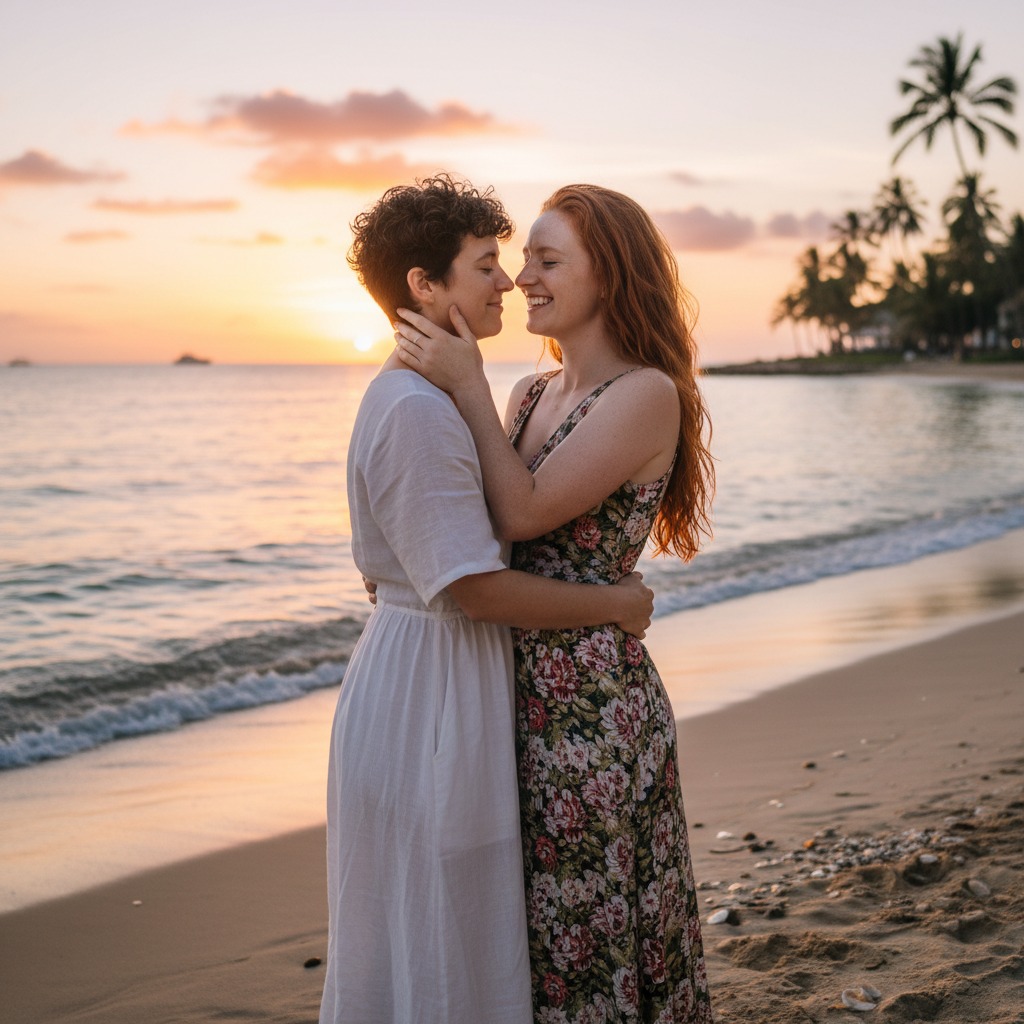 Twee vrouwen omhelzen elkaar liefdevol op het strand bij zonsondergang.